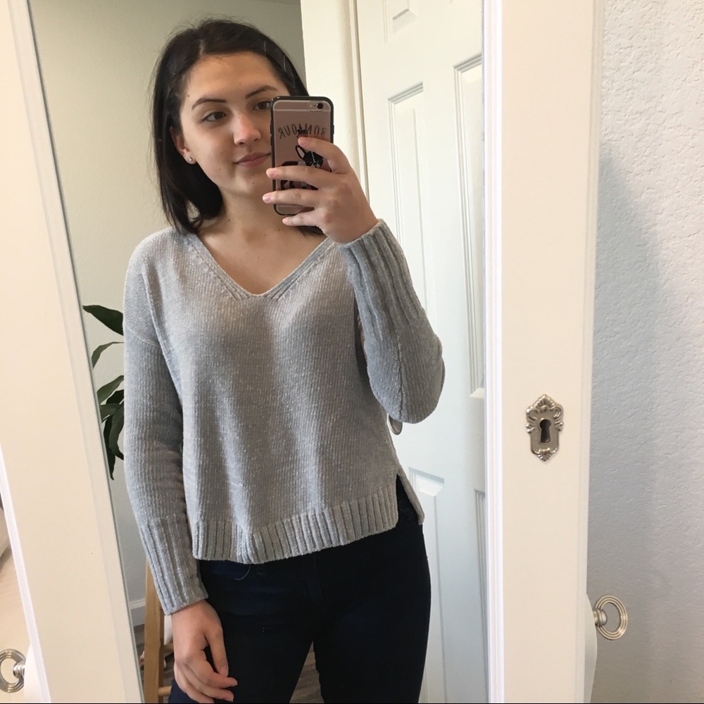 Hollister Chenille Grey V-Neck Sweater